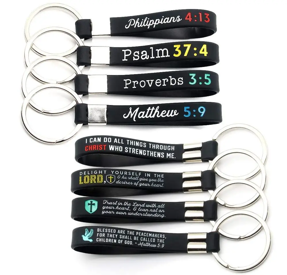 

12 pack Christian Religious Bible Keychains - Wholesale Silicone Rubber Key Rings with Scriptures for Church, Any pantone colors