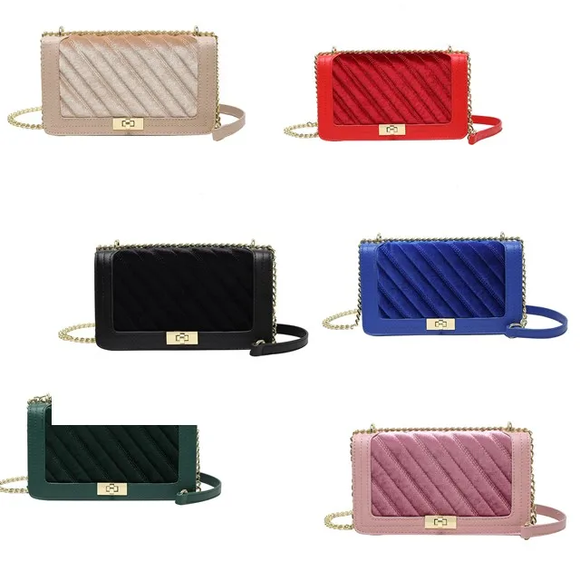 

Autumn New Trendy Contrast Color Velvet Shoulder Bag Female Bag Personality Diagonal Small Square Bag, 6 colors