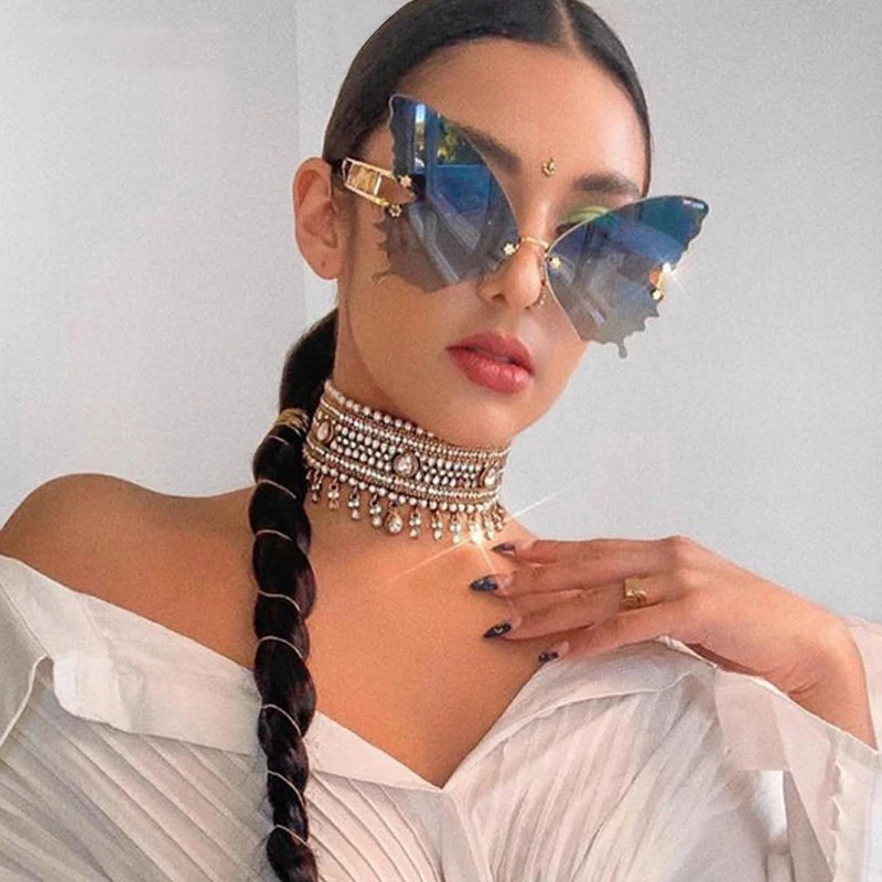 

Lmamba New Arrival 2021 Designer Rimless Gradient Trendy Glasses Butterfly Women Oversized Shades Sunglasses