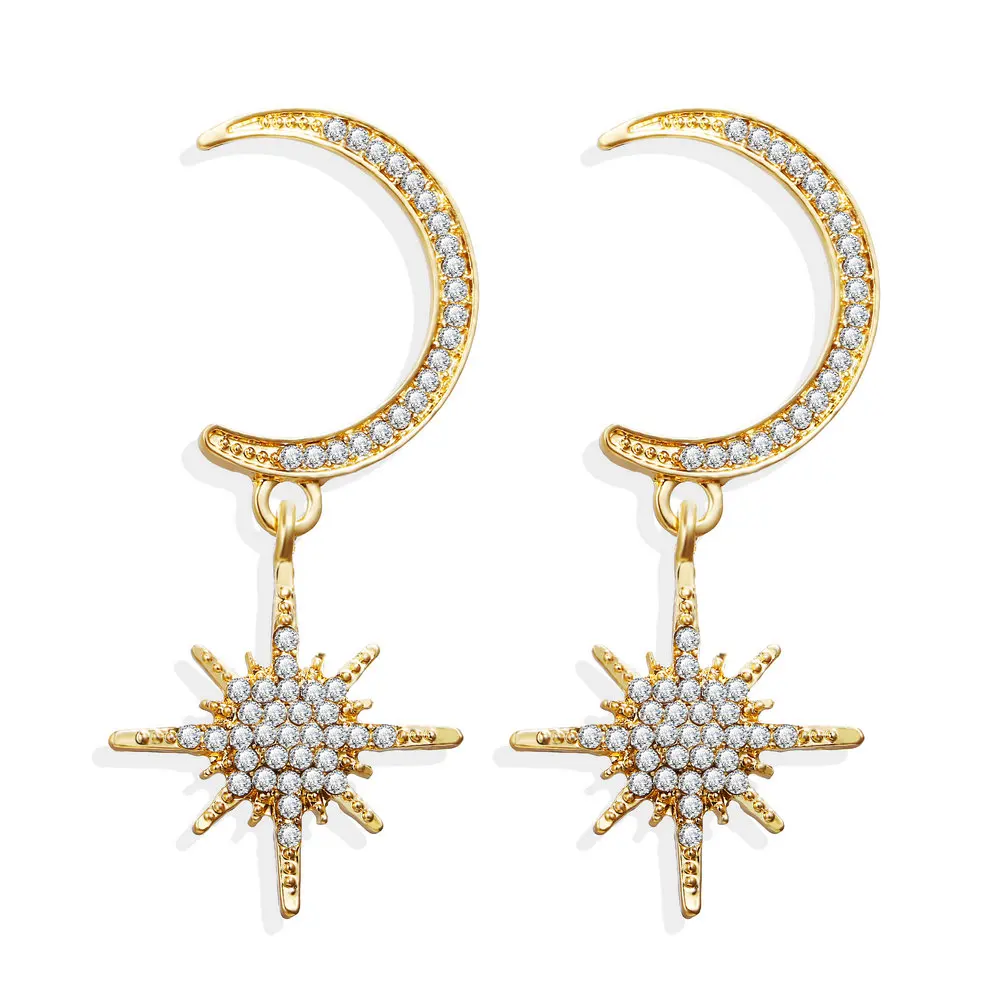 

573751 Golden star awn pendant earrings with simple moon pierced earrings delicate suspender colour earring findings