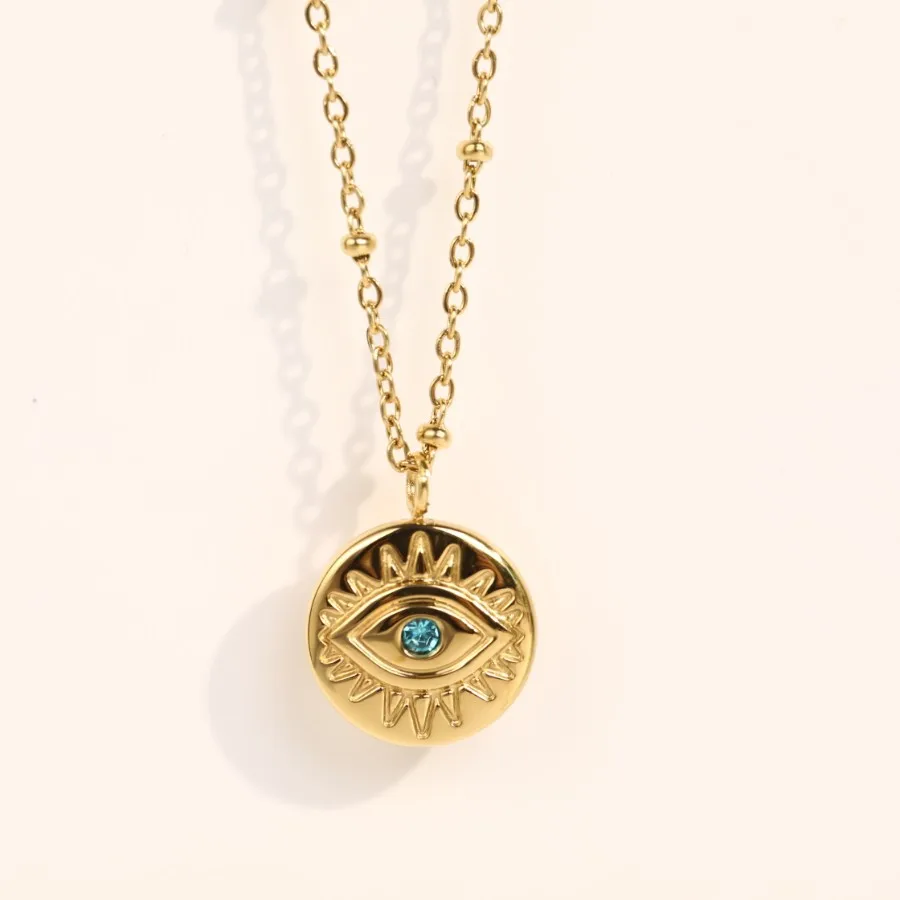 

Ethnic Style Blue Eyes Devil's Eye Gold Coin Necklace Clavicle Chain Titanium Steel Gold-plated Necklace For Women
