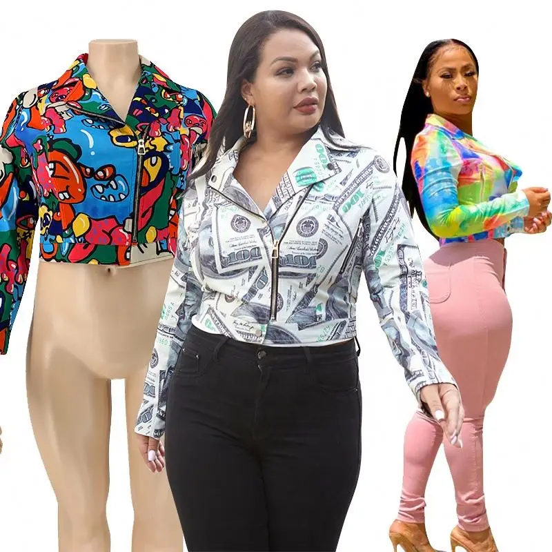 

Lady Dollar Money Print Plus Size Crop Jackets Top Women Fall Clothing, Dollar, flower,tie dye