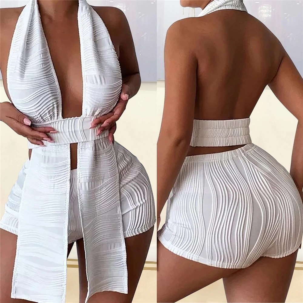 

OJW070837 Sexy Backless Solid Vest Sets Hollow out Shorts Two piece Set Fashion Women Summer Clothes