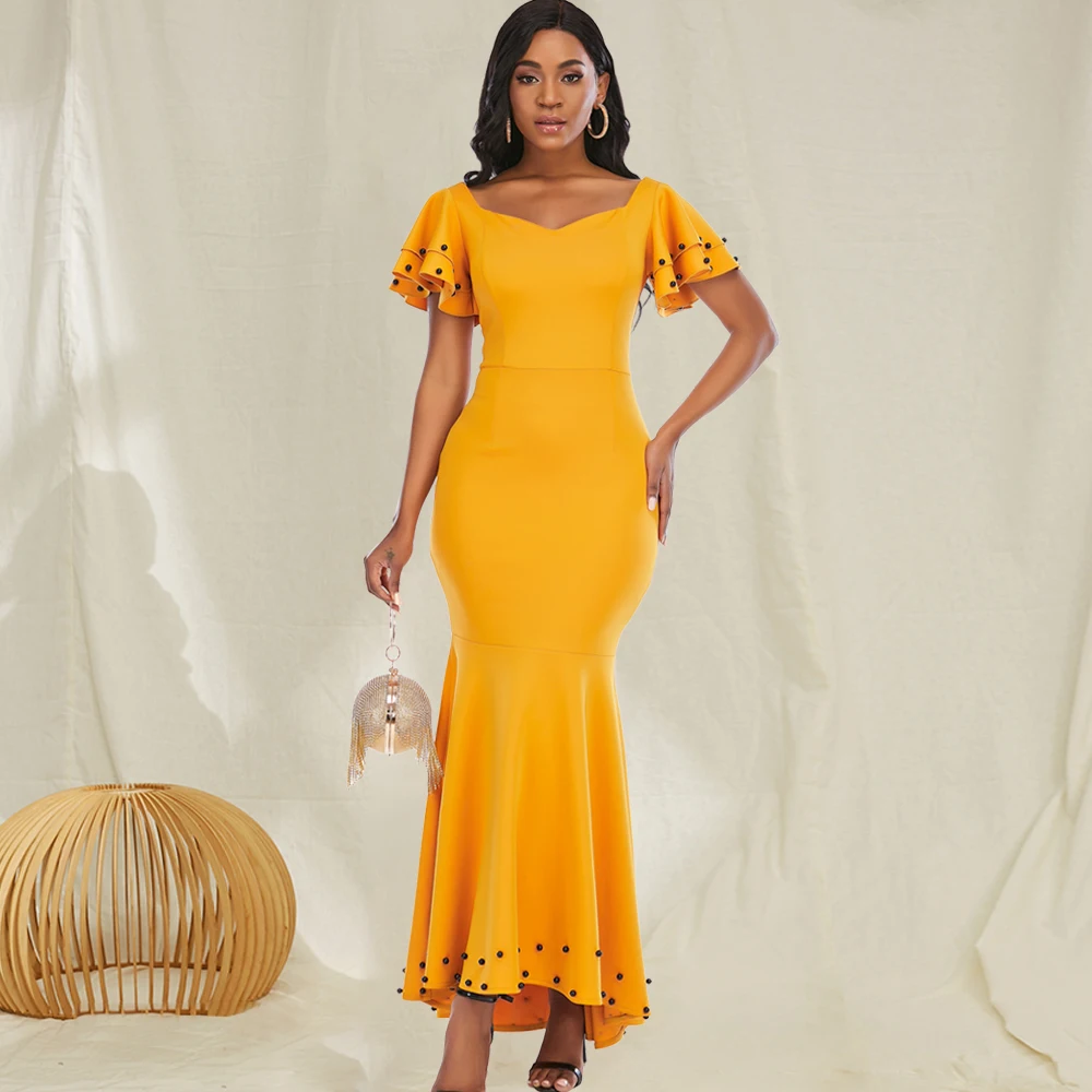 

Autumn Yellow Square Neck Ruffle Beading Mermaid Evening Dress Women