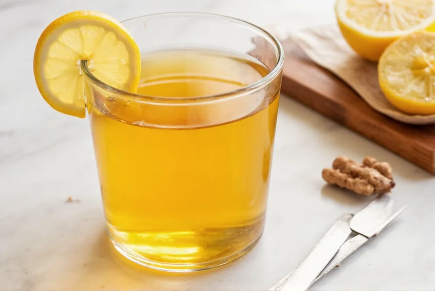 Close-up of fresh yuja citron, sliced ginger root, and raw honey in a glass jar arranged on wooden table