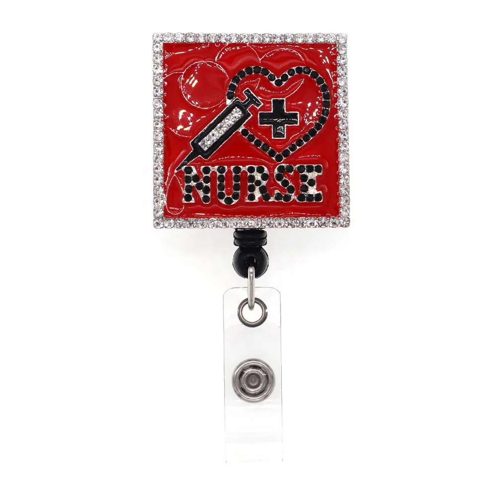 

Cute Rhinestone Enamel Retractable Square Shape Nurse ID Badge Holder Reel Clip