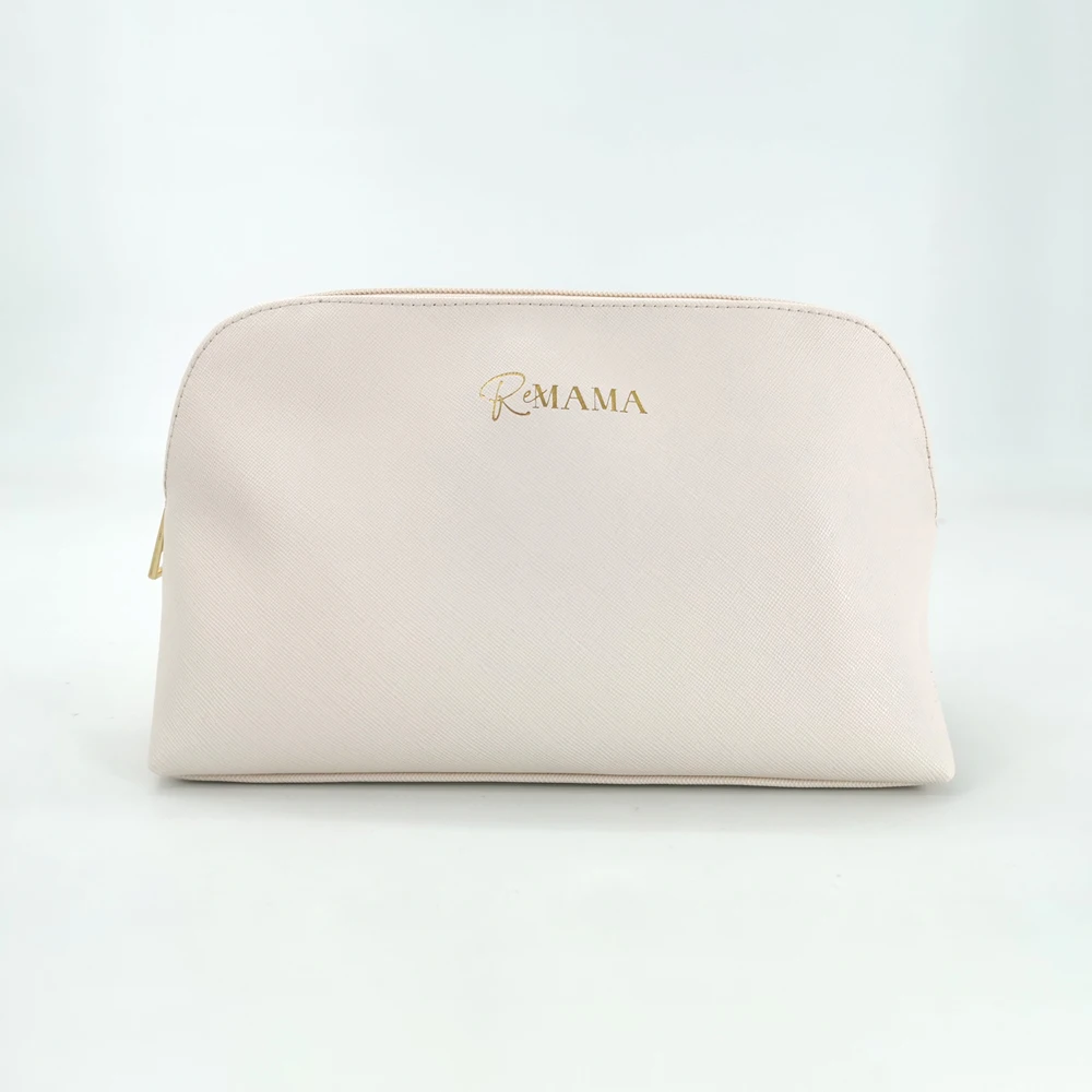 

Beige Vegan Leather Cosmetic Bag Free Custom Gold Stamping Logo