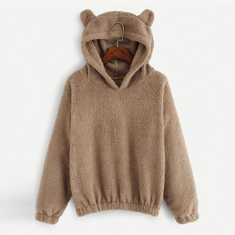 

QRWR 2021 Autumn Winter women Sweatshirt Lovely Bear Ears Solid Color Fleece Hoodies Casual Kawaii Plush Warm SweatshiRT Women