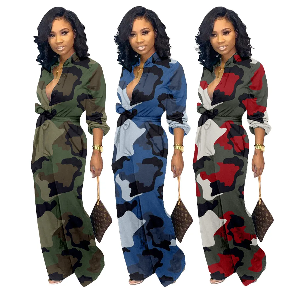 

fall clothing for women camouflage long sleeve bandage one piece jumpsuit