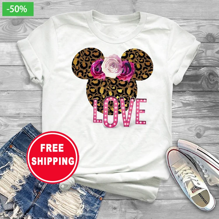 

New Mouse Tshirt Women Cartoon Graphic plus tamano Camiseta Tees Funny Mickey T-shirt Fashion T Shirt for Female Valentine's Day, White