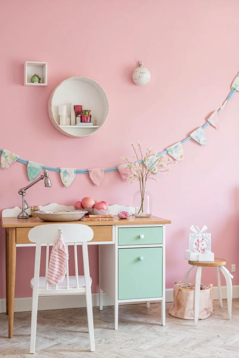 Modern mint pink living room setup