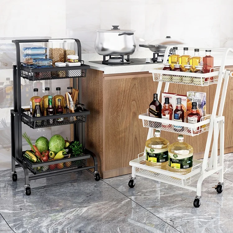 

Newly designed kitchen floor-standing movable 3-layer folding cart rack, Black/white/pink/blue