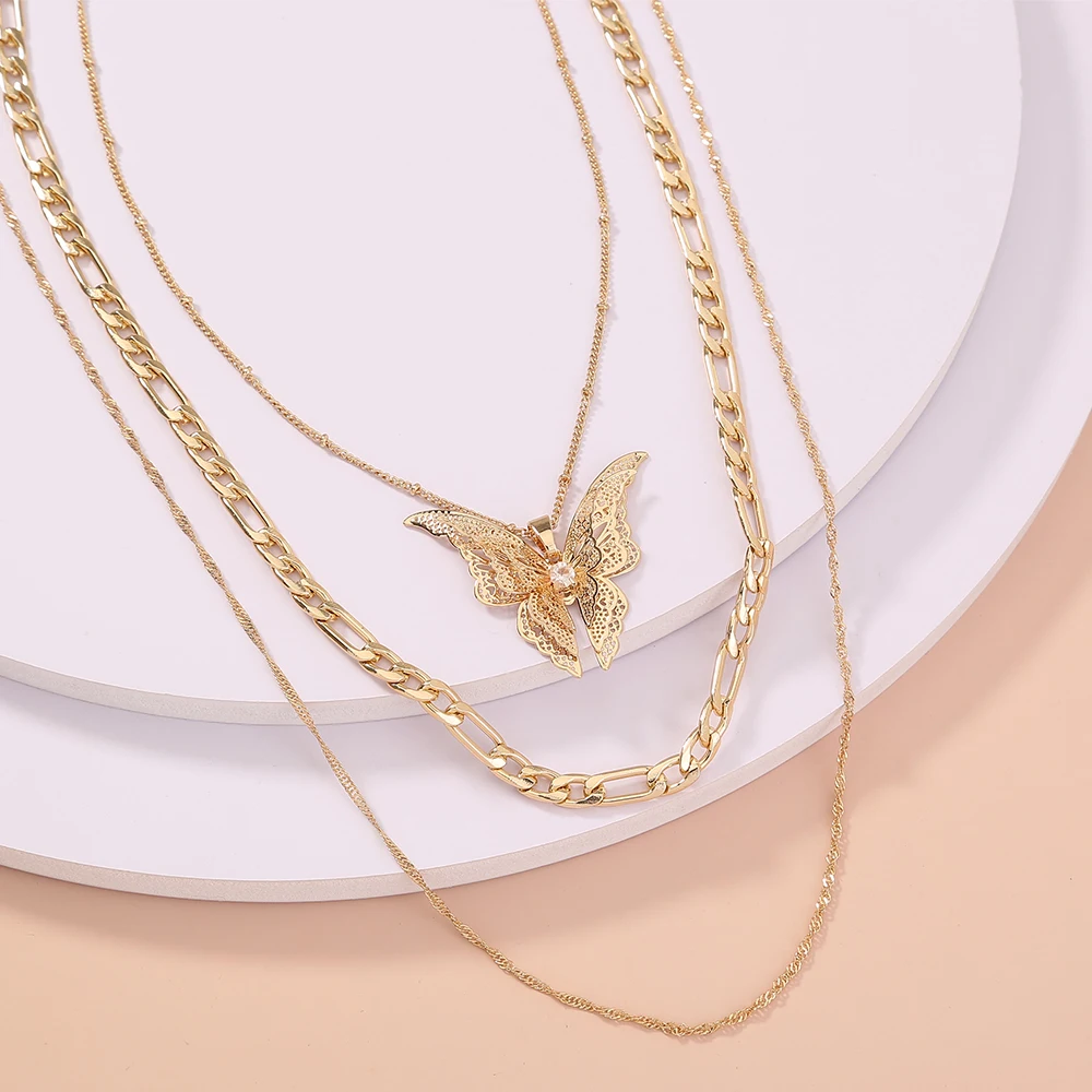 

Simple Style Three-layer Chain Delicate Butterfly Pendant Woman Jewelry Layered Gold Necklace