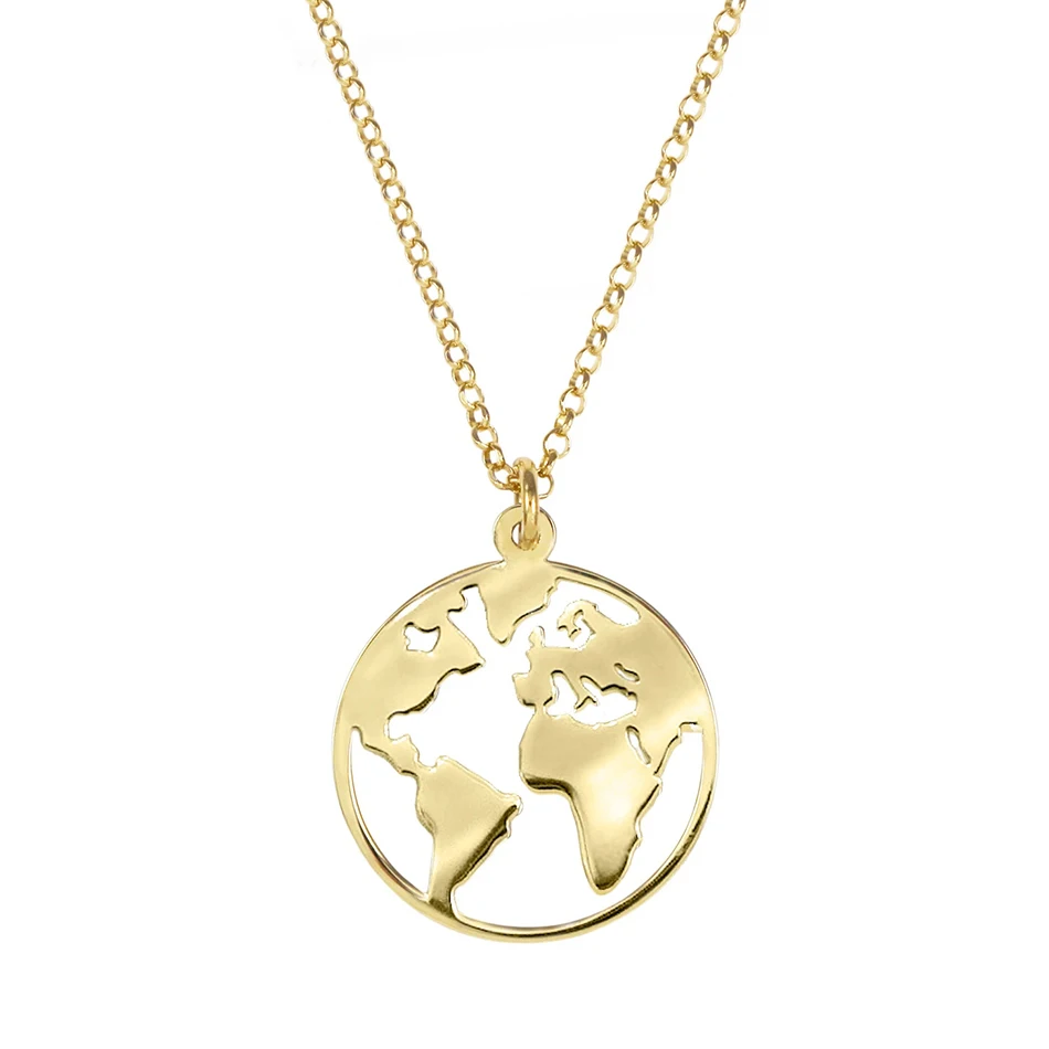

18K gold plated pendant necklace trendy high polish 925 sterling silver travel gold world pendant necklace for cool girl