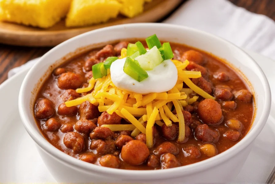 Bowl of chili topped with sour cream, shredded cheese, and green onions served with cornbread