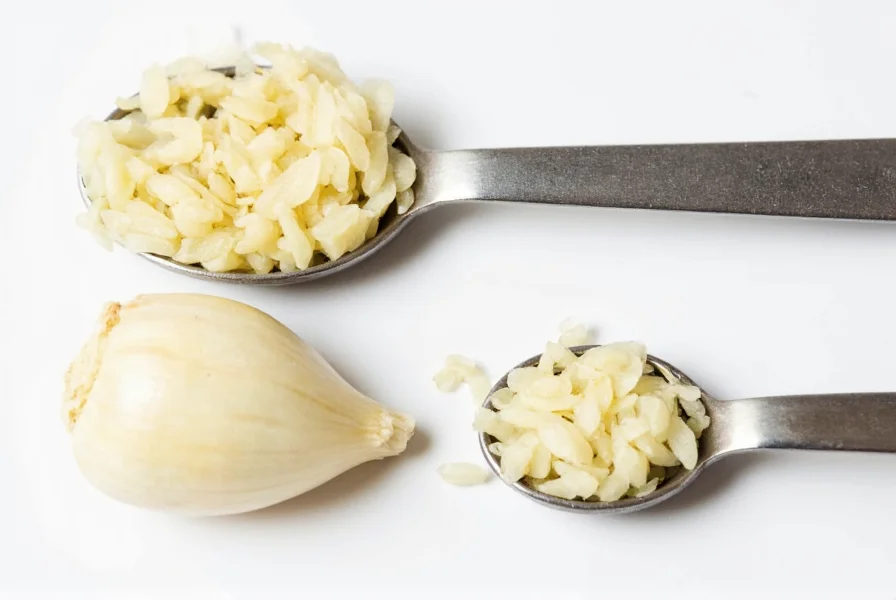Close-up comparison of whole garlic cloves next to their minced equivalents in measuring spoons
