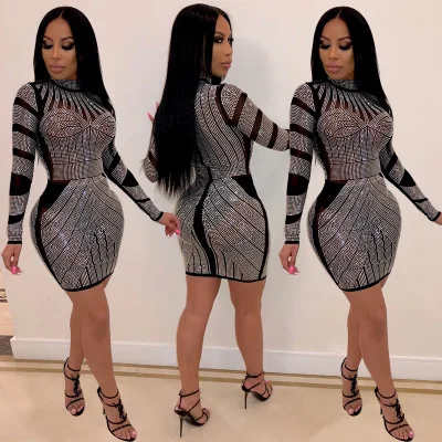 

2021 Black Tight Mini Dresses Women Party Night Mesh Sheer Sexy See Through Rhinestone Long-sleeved one piece dress
