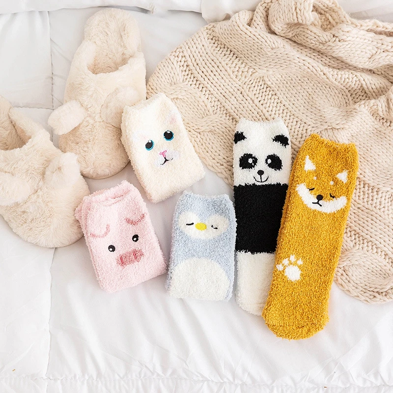 

New Casual Socks For Women Autumn Winter Sweet Cute Cartoon Animal Pattern Coral Fleece Thick Warm Socks Female, As picture