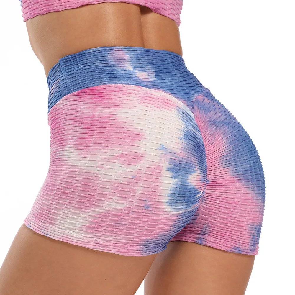 

Amazon hot sale new European and American hot water ink jacquard tie dye bubble shorts yoga pants fitness sports shorts female
