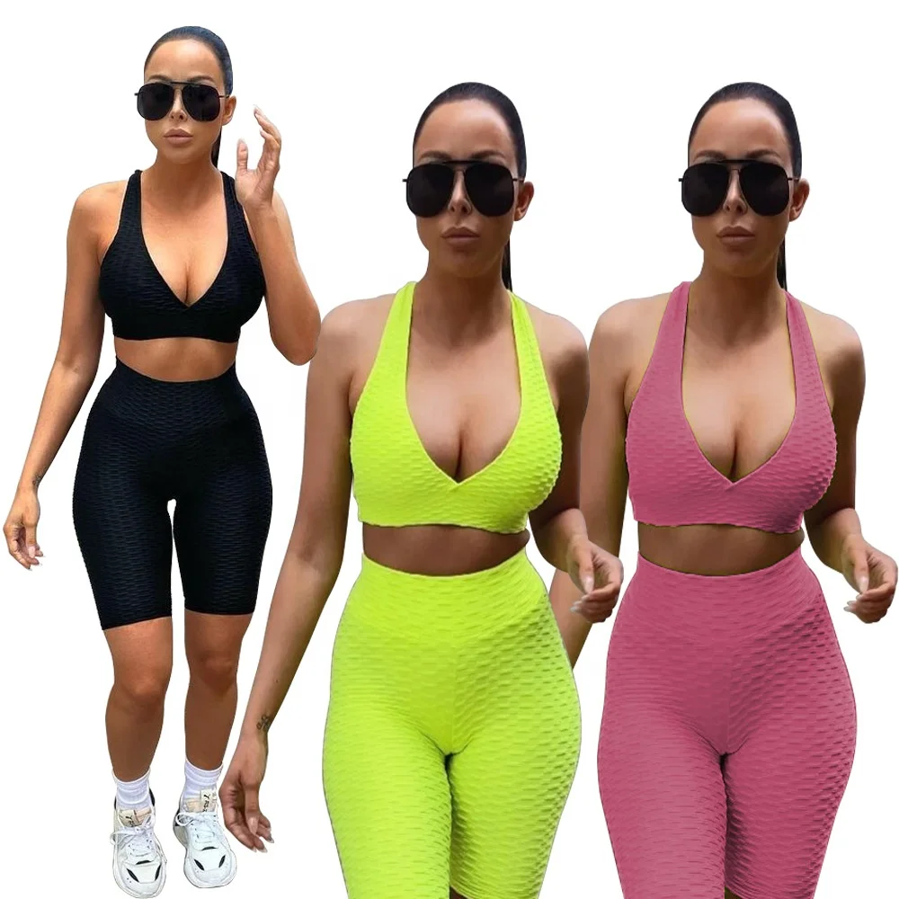 

KX-MH2069 Custom solid bubble bra and shorts set woman sportwear short 2 piece active stretch women workout sets