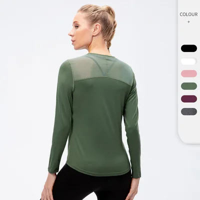 

Long Sleeve Quick Dry Sports Popular T Shirt Fit Wear Gym Tights Fitness Wear Mesh Back Top, Black, white, flower gray, wine red, army green, matte powder