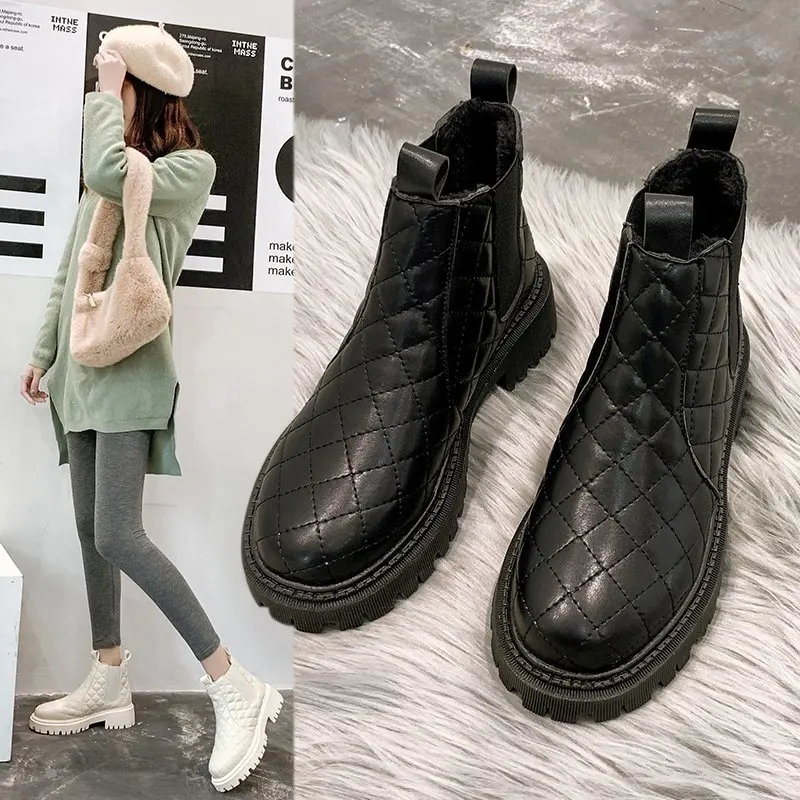 

Combat boots women's British style 2020 new anti-skiing boots cotton shoes women's winter plus velvet thick bottom wild chimney, Black/white