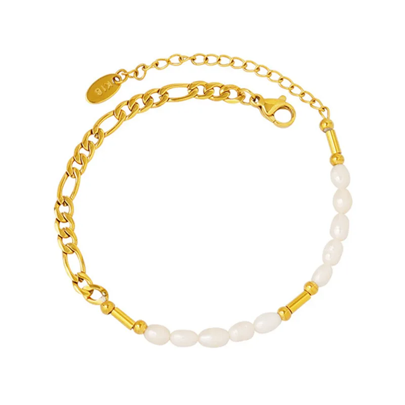 

New designs Women Jewelry 18K Gold Plated Stainless Steel Link Figaro Chain Beaded Pearl Adjustable Bracelet for Women