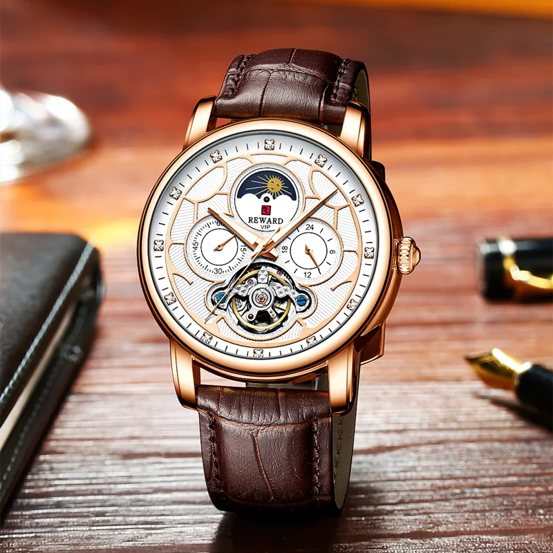 

Reward Low moq automatic movement leather male watch mechanical watch manufacturer Cheap price moon phase auto wrist watch