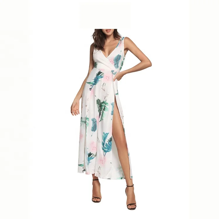 

Beach Loose Pants Ruffled Floral Sexy Ladies Deep V Suspenders Jumpsuit, White pink blue