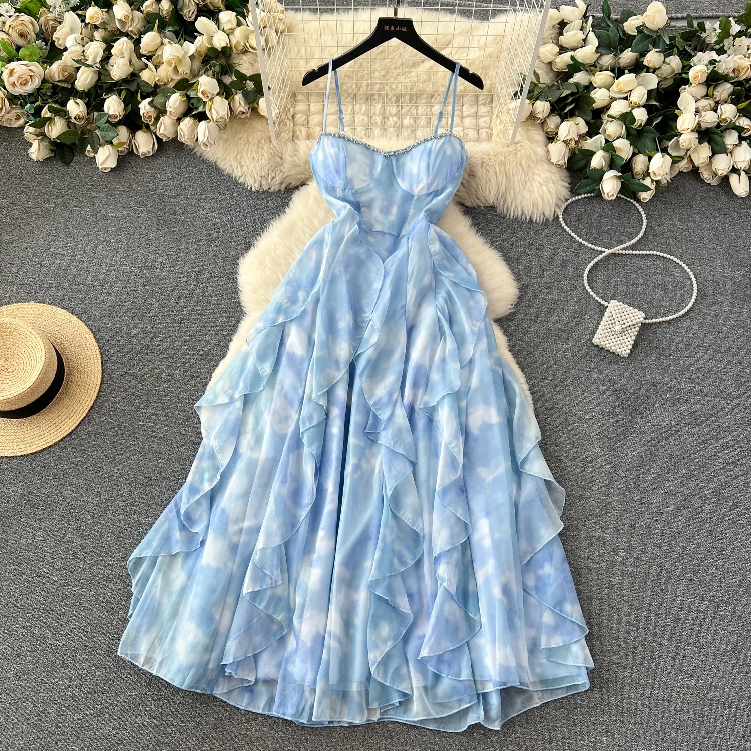 Halter Beaded Strapless Ruffle Hem Line Dress
