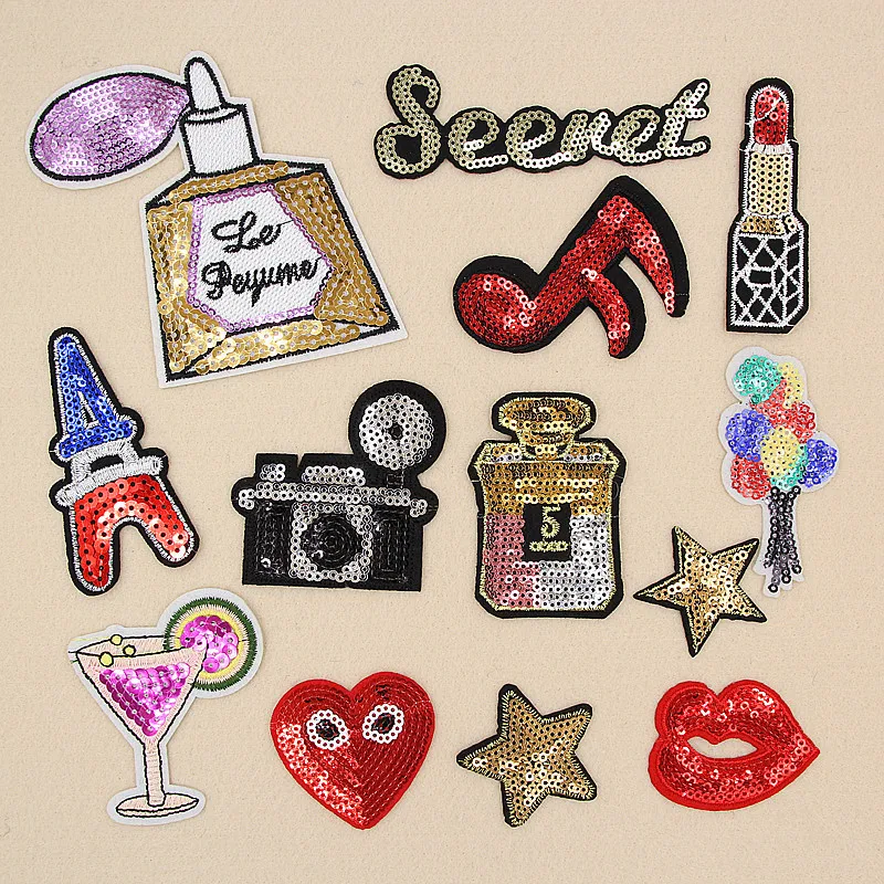 

Wholesale Cheap Heat Transfer Camera Lipstick Star Iron On Badges Custom Sequin Embroidered Patches for Clothing, Picture shows