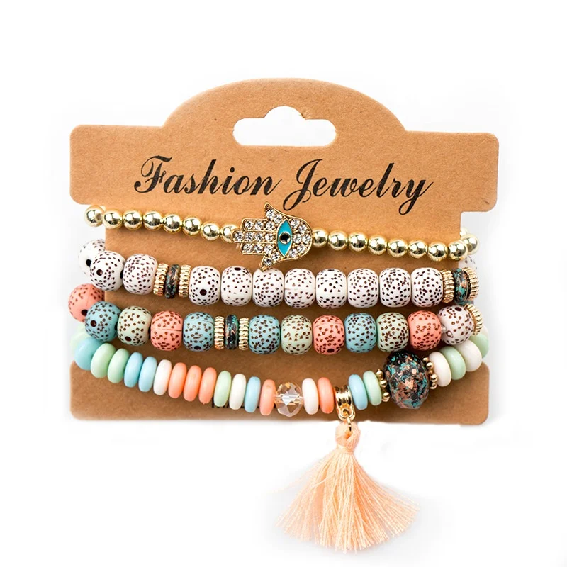 

Personalized boho handmade jewelry sets 4pcs acrylic gold plated beaded evil eye palm tassel charm bracelet set women