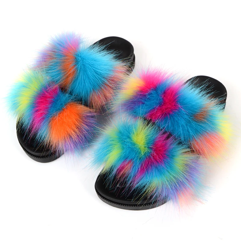 

2021 Faux Fur Slippers Women Furry Slides Indoor Female Fluffy Slippers For Home
