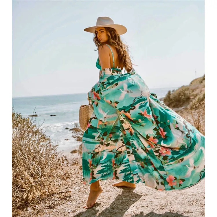 Women Kimono Bird Flower Print Swimwear&Beachwear Rayon Cover Up