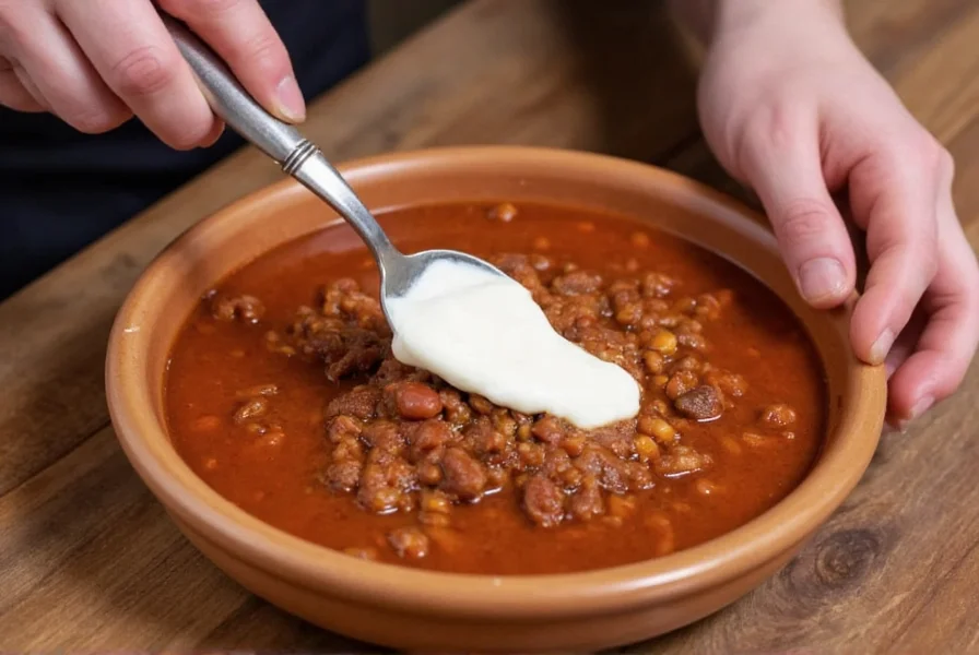 Chef adding sour cream to a bowl of chili to reduce spiciness