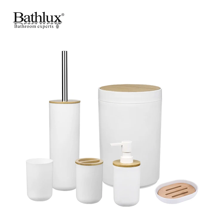 

Bathlux New Design 6 Pieces Bamboo Lid Plastic Bathroom Sets Luxury Bathroom Accessories