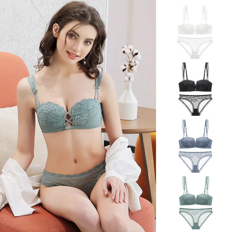 

Woman wireless lace bra panty set Soft wireless Bralette underwear lace Big Cup Size Adjustment Bra Set wirefree bra set