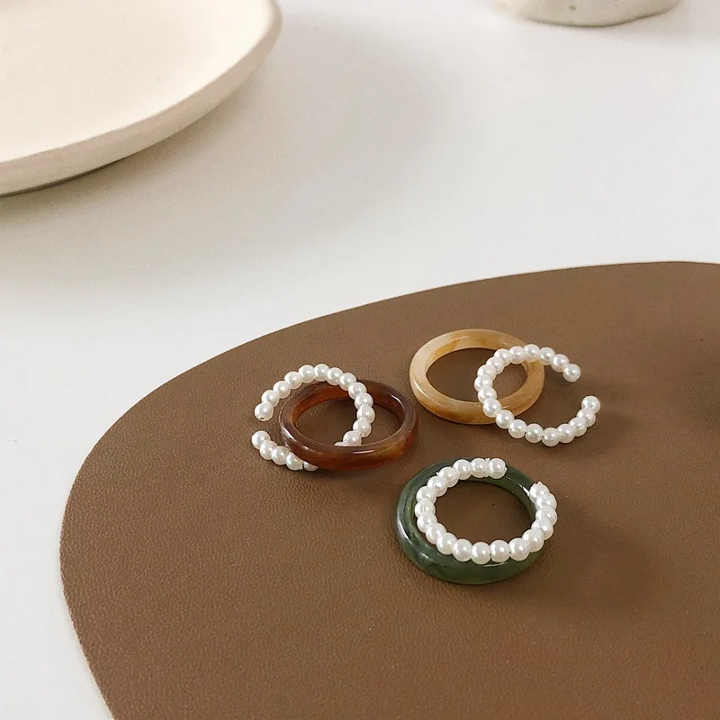 

JUHU 2021 Adjustable Minority fresh beaded pearl resin ring set fashion stretch ring fresh Ins stack pearl ring For Girls, Colorful
