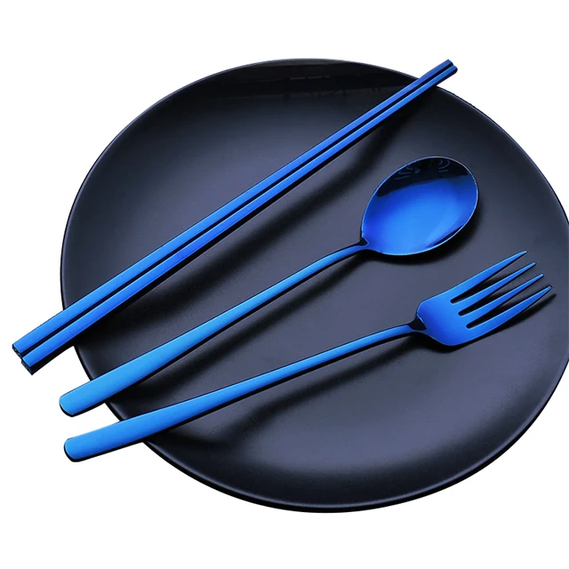 

Stainless steel gold-plated tableware set 304 Korean spoon and chopsticks tableware portable three-piece set, Colorfull