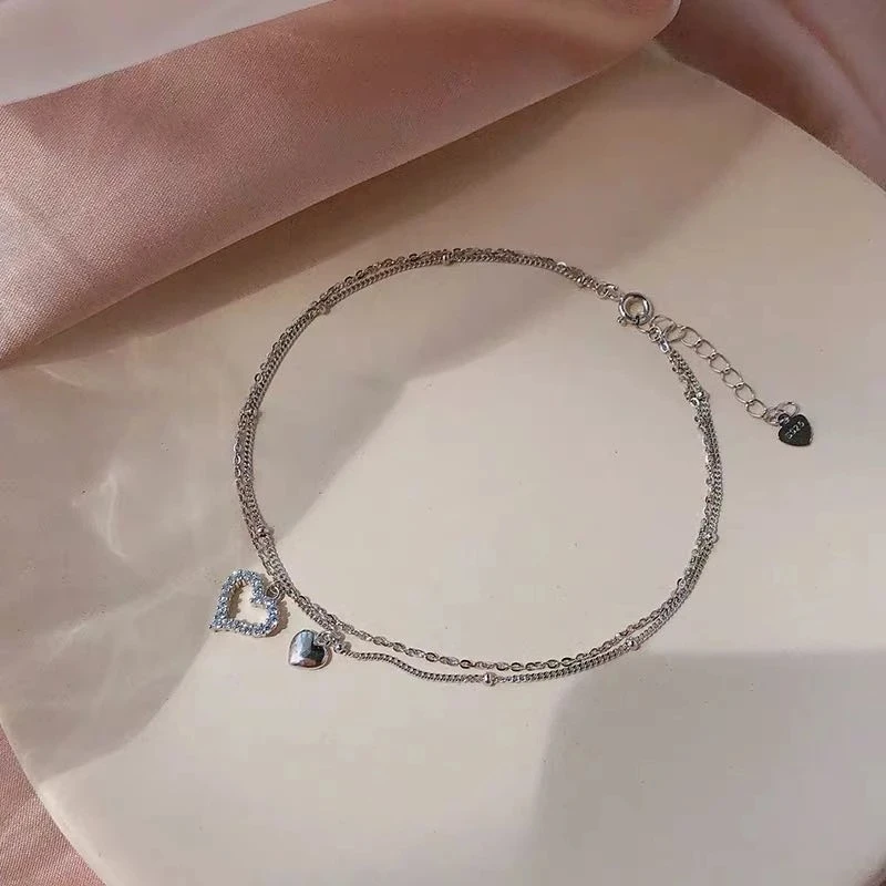 

Hot Selling Double Layer Heart Anklet Bracelet Silver Color Cubic Zircon Anklet for Women Sandals Foot Jewelry, Show in the picture