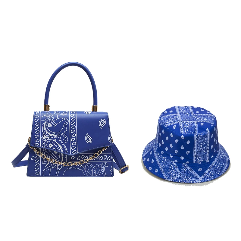 

2021 New design Fashion bandana hat and purse set Women Chain Handbags bandana purse and bucket hat set, The picture color