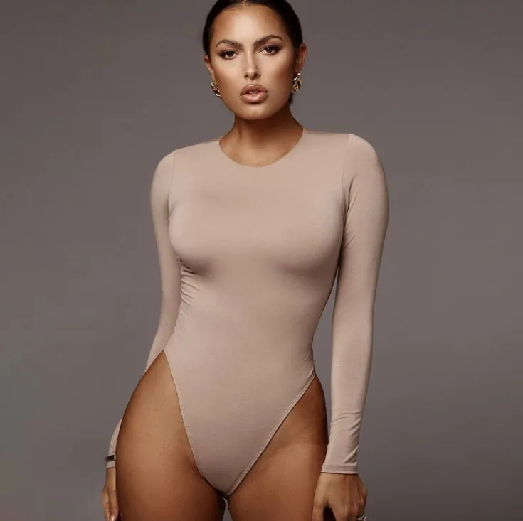 

Solid color slim round neck with long sleeves and bottom for women bodysuit