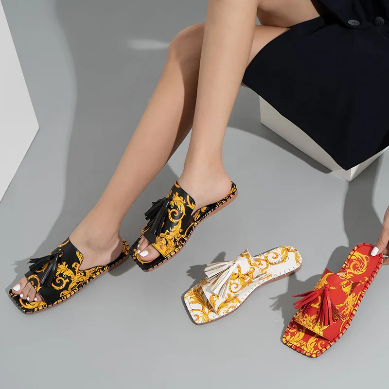 

Women Fashion printed one-line slippers Summer Flower-Fringed Lady flat fancy female slippers woman sandals, Multiple colour