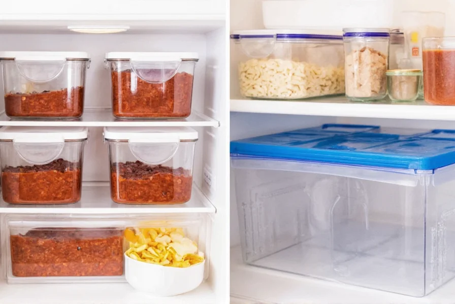 Proper storage techniques for leftover chili showing airtight containers in refrigerator and freezer