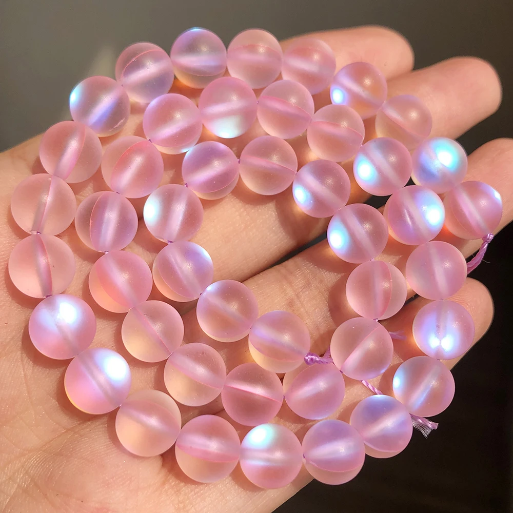 

Wholesale Round Matte Pink Glitter Crystal Beads Frosted Synthetic MoonStone Loose Beads For Jewelry Making DIY