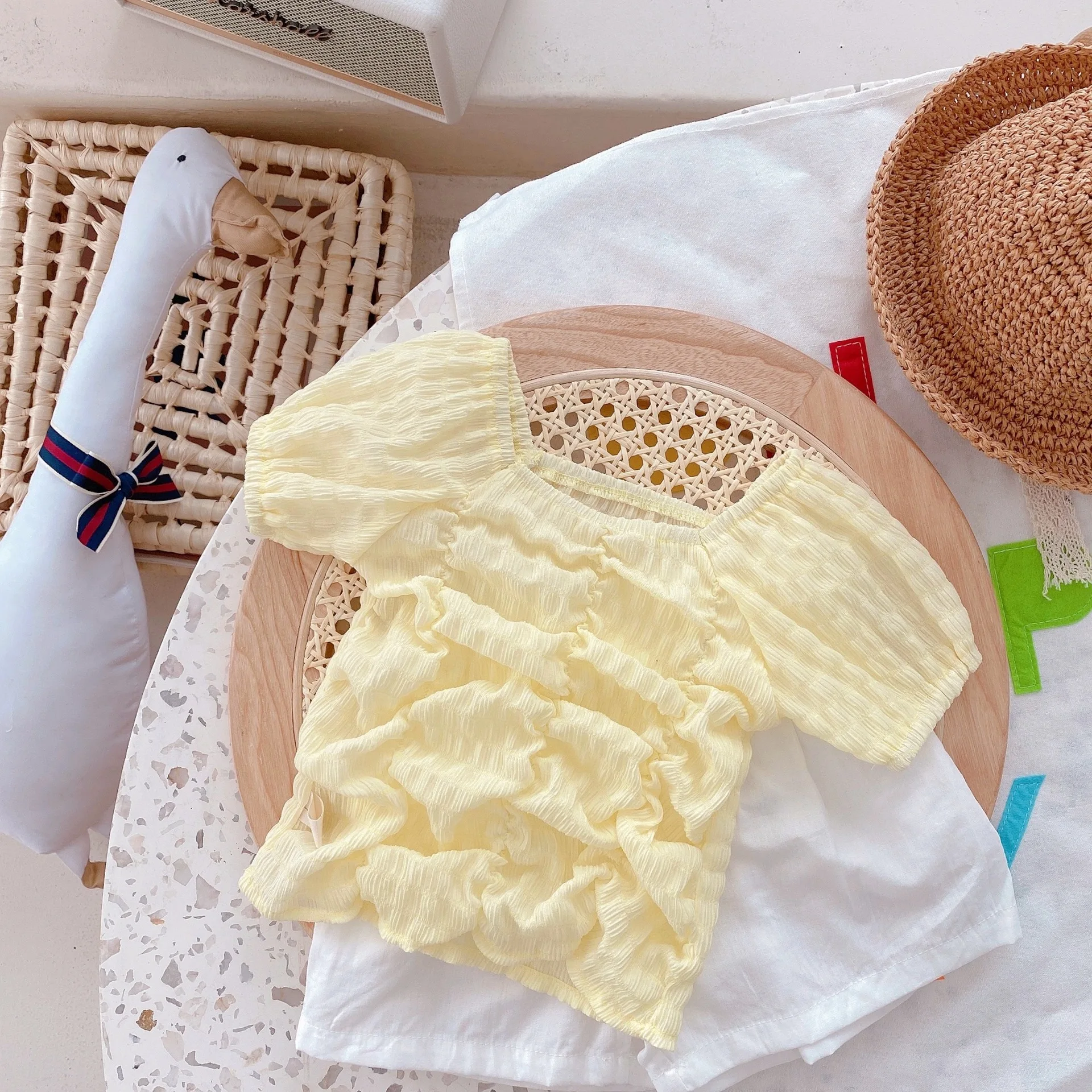 

Girls Outfits Kids Fashion 2021 Summer Puff Sleeve Top Blouse+ White Shorts Set Clothes