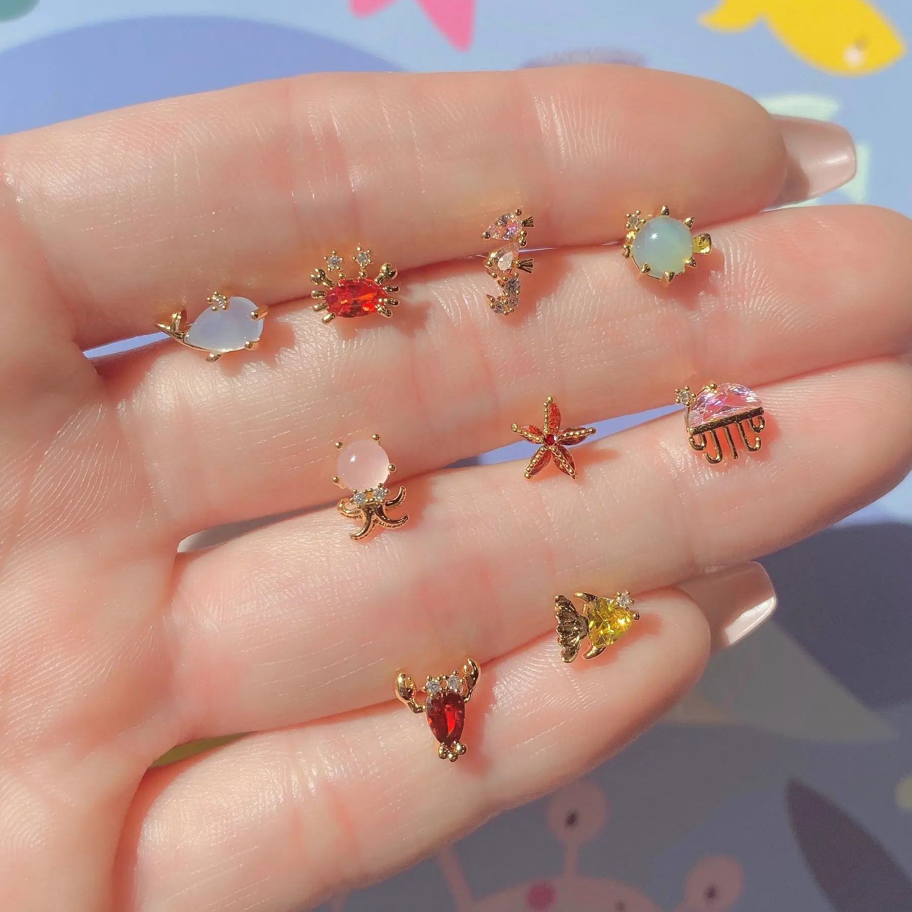 

18k real gold plated crystal zircon sea animal Stud Earrings for women, Golden