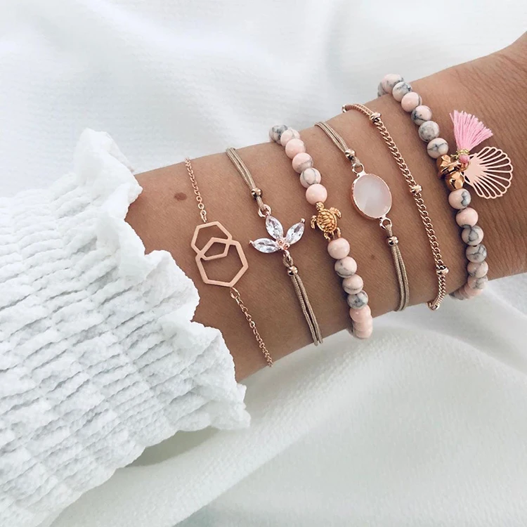 

Boho new fashion charm pink gold pattern beaded tassel bracelet turtle drop diamond stone jewelry women bracelet set for watch, As picture