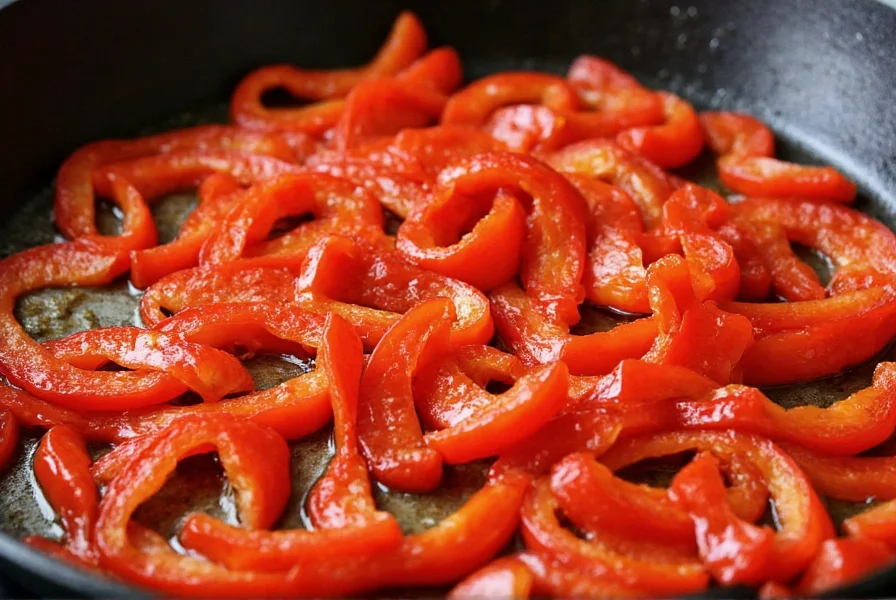 Sliced red Jimmy Nardello peppers in cast iron skillet being fried with garlic
