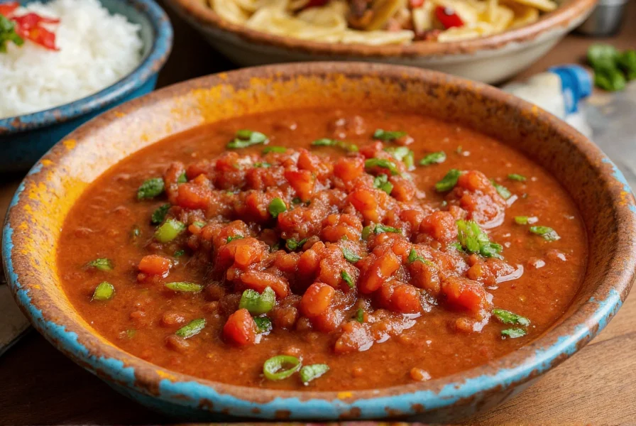 Colorful platter showing tomatillo red chili salsa served with traditional Mexican dishes